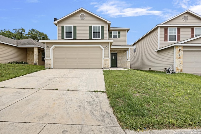 traditional home featuring a front lawn, stone siding, a garage, and concrete driveway