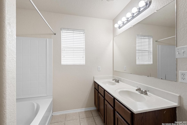 full bathroom featuring tile patterned flooring, shower / tub combination, double vanity, and a sink