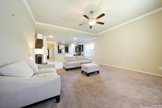 242 Posey Pass, New Braunfels, TX 78132 - living room featuring light colored carpet, crown molding, baseboards, and a ceiling fan