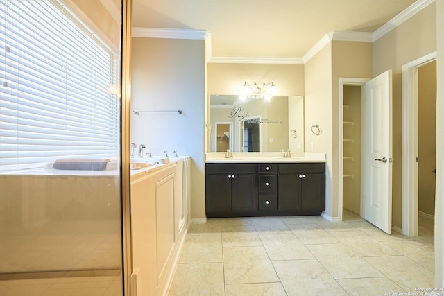 242 Posey Pass, New Braunfels, TX 78132 - full bath featuring a garden tub, crown molding, a sink, and double vanity