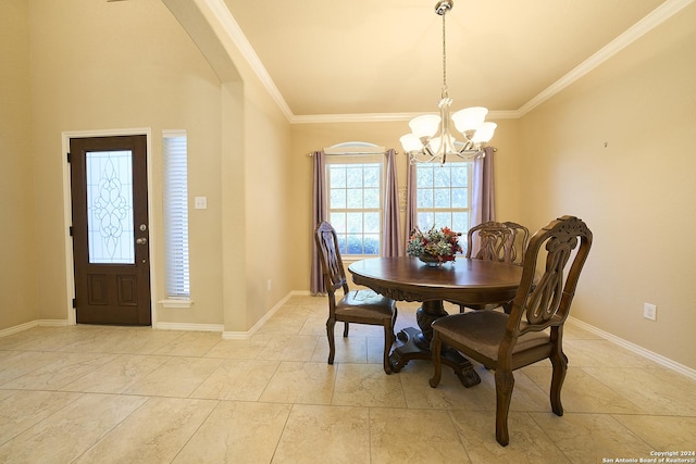 242 Posey Pass, New Braunfels, TX 78132 - dining space with a chandelier, ornamental molding, baseboards, and arched walkways