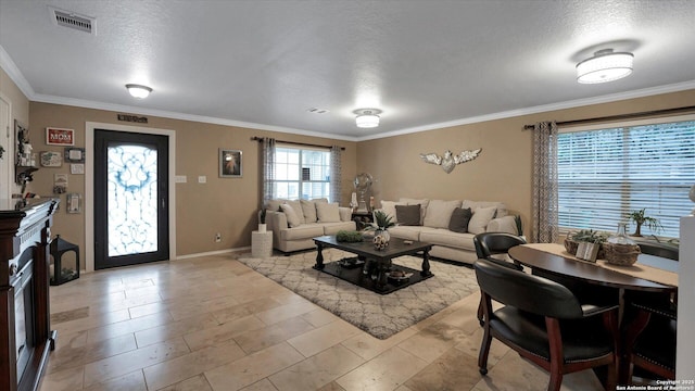 6139 Mackenzie, San Antonio, TX 78247 - living area featuring a textured ceiling, crown molding, and baseboards