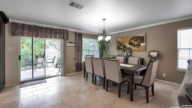 6139 Mackenzie, San Antonio, TX 78247 - dining space with a chandelier, crown molding, baseboards, and light tile patterned floors