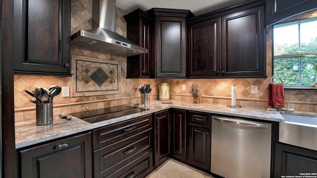 6139 Mackenzie, San Antonio, TX 78247 - kitchen featuring wall chimney range hood, dishwasher, black electric cooktop, and light stone counters