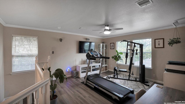 6139 Mackenzie, San Antonio, TX 78247 - workout area with wood finished floors, a ceiling fan, baseboards, and crown molding