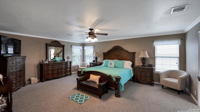 6139 Mackenzie, San Antonio, TX 78247 - bedroom featuring carpet flooring, baseboards, crown molding, ceiling fan, and a textured ceiling