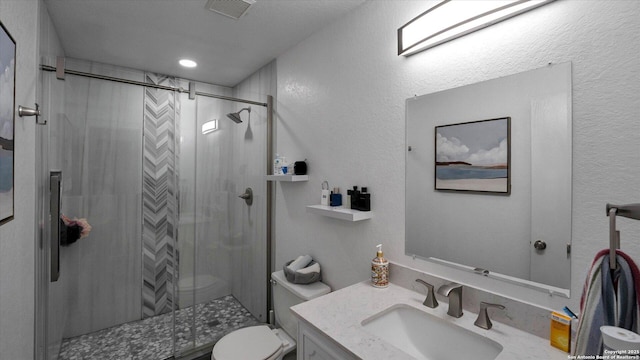 6139 Mackenzie, San Antonio, TX 78247 - bathroom with a stall shower, toilet, and vanity