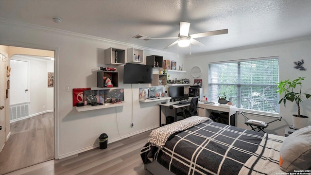 6139 Mackenzie, San Antonio, TX 78247 - bedroom featuring an office area, wood finished floors, crown molding, baseboards, and a textured ceiling