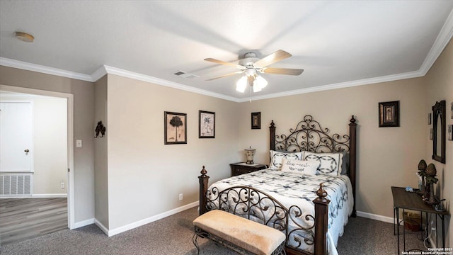6139 Mackenzie, San Antonio, TX 78247 - bedroom with ornamental molding, carpet, baseboards, and ceiling fan