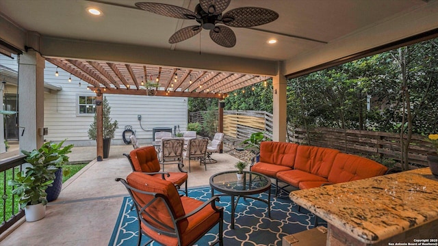 6139 Mackenzie, San Antonio, TX 78247 - view of patio / terrace with outdoor dining area, outdoor lounge area, fence, a ceiling fan, and a pergola