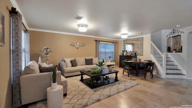 6139 Mackenzie, San Antonio, TX 78247 - living area with stairs, ornamental molding, and baseboards