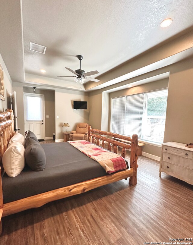 181 Crazy Horse, Canyon Lake, TX 78133 - bedroom with a raised ceiling, baseboards, wood finished floors, a textured ceiling, and recessed lighting