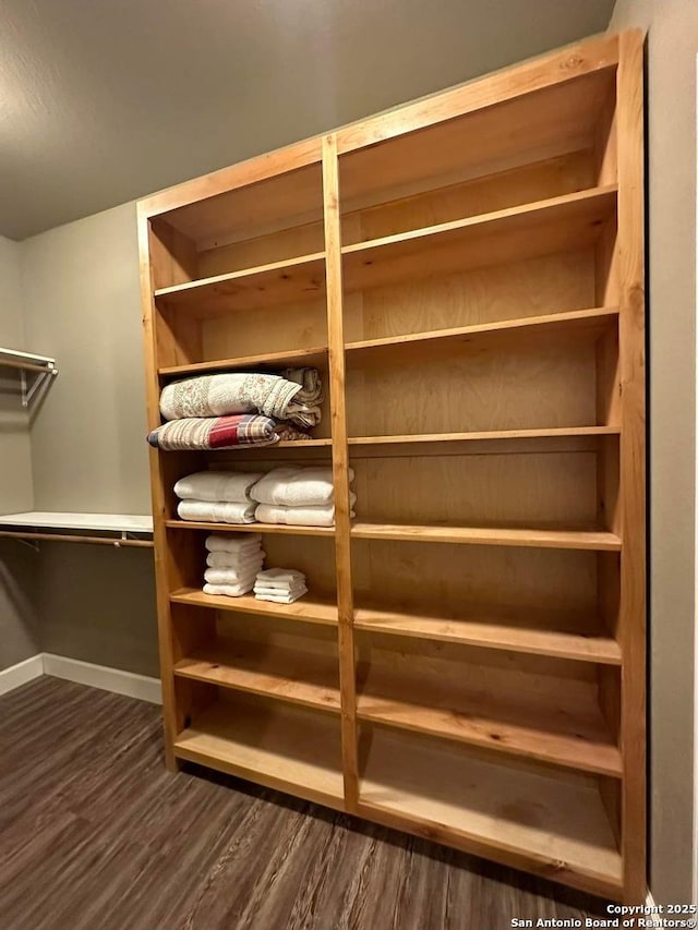 walk in closet with dark wood-type flooring