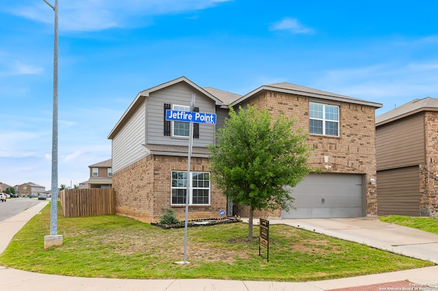 15102 Jetfire, Von Ormy, TX 78073 - traditional-style house featuring fence, an attached garage, a front lawn, and brick siding