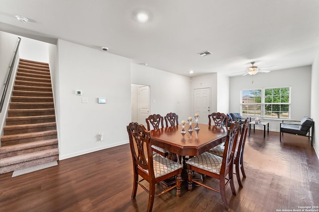 15102 Jetfire, Von Ormy, TX 78073 - dining space with a ceiling fan, visible vents, baseboards, stairway, and dark wood-type flooring