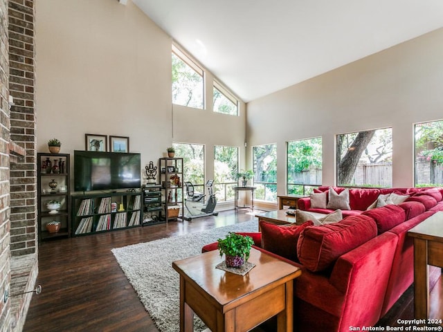 living room with high vaulted ceiling and wood finished floors