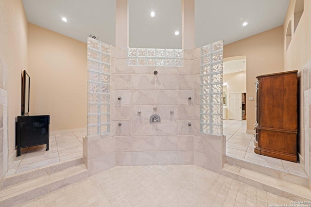 26118 Alto Oaks, San Antonio, TX 78255 - bathroom with a walk in shower, recessed lighting, tile patterned flooring, and baseboards