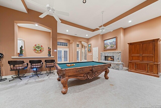 26118 Alto Oaks, San Antonio, TX 78255 - playroom with ceiling fan, carpet flooring, recessed lighting, a stone fireplace, and billiards table