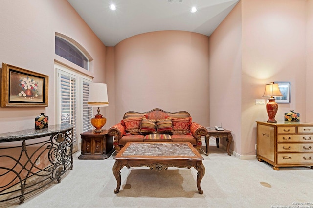 26118 Alto Oaks, San Antonio, TX 78255 - sitting room featuring carpet, vaulted ceiling, baseboards, and recessed lighting