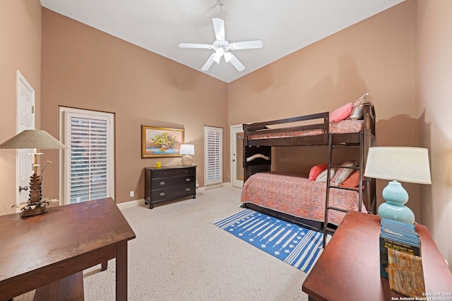 26118 Alto Oaks, San Antonio, TX 78255 - bedroom featuring carpet flooring, baseboards, a ceiling fan, and high vaulted ceiling