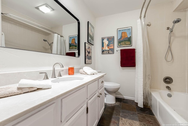 bathroom featuring toilet, baseboards, stone finish flooring, vanity, and shower / bathtub combination with curtain