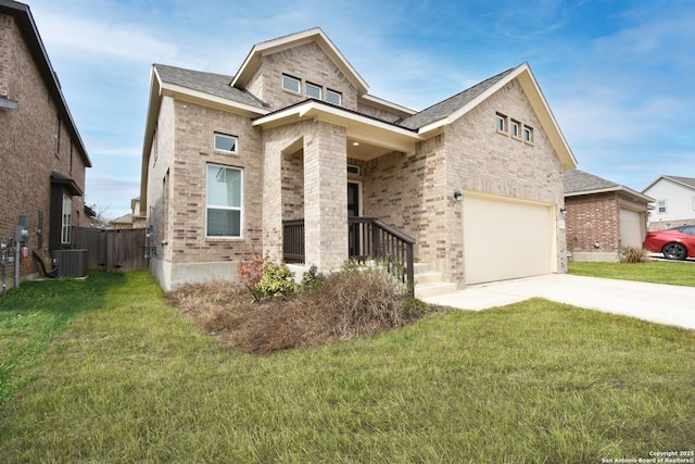1707 Lawnside, San Antonio, TX 78245 - view of front of house with central air condition unit, concrete driveway, brick siding, and a front yard