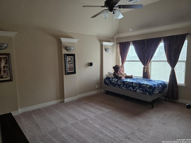 bedroom with carpet, baseboards, ceiling fan, visible vents, and vaulted ceiling