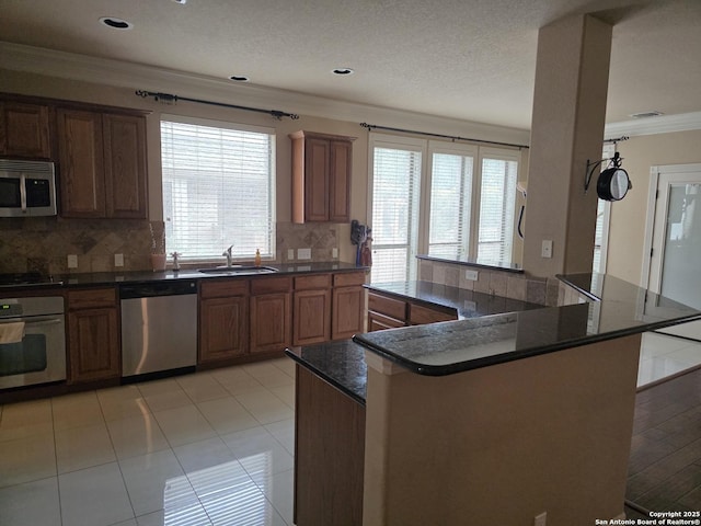 kitchen featuring a sink, stainless steel appliances, a healthy amount of sunlight, crown molding, and decorative backsplash