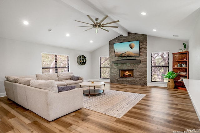 1397 Desert Gold, Boerne, TX 78006 - living area featuring a ceiling fan, wood finished floors, a large fireplace, recessed lighting, and baseboards