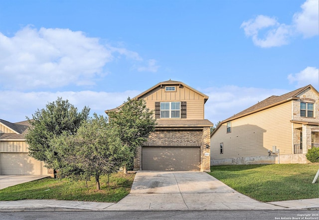 1819 Gray Fox Crk, San Antonio, TX 78245 - view of front facade with concrete driveway, board and batten siding, brick siding, and a front lawn