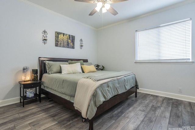 bedroom featuring crown molding, wood finished floors, baseboards, and a ceiling fan
