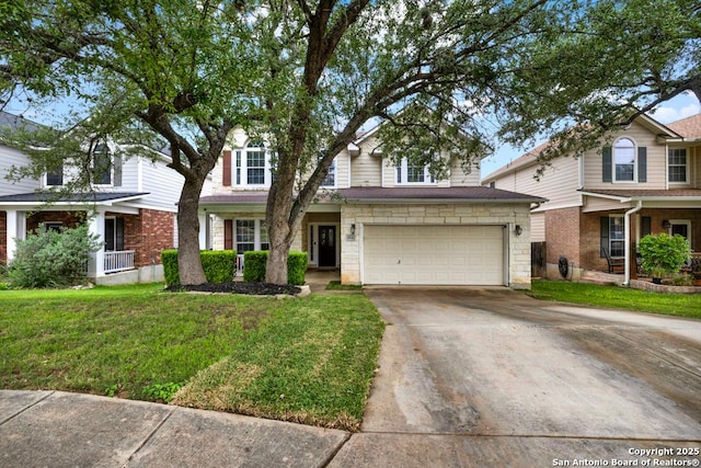 traditional home with concrete driveway, a garage, and a front lawn
