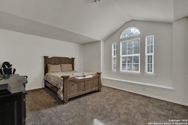 bedroom with baseboards, lofted ceiling, and carpet floors