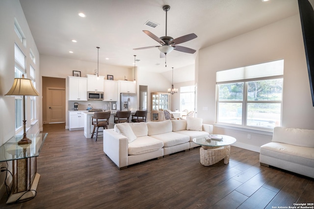 1587 Lakeshore Dr, Canyon Lake, TX 78133 - living room with a ceiling fan, dark wood-style flooring, baseboards, high vaulted ceiling, and recessed lighting