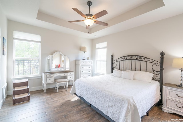 1587 Lakeshore Dr, Canyon Lake, TX 78133 - bedroom with a raised ceiling, multiple windows, dark wood-style floors, and baseboards