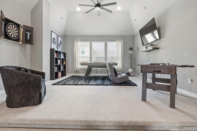 carpeted living room featuring a ceiling fan, recessed lighting, baseboards, and high vaulted ceiling