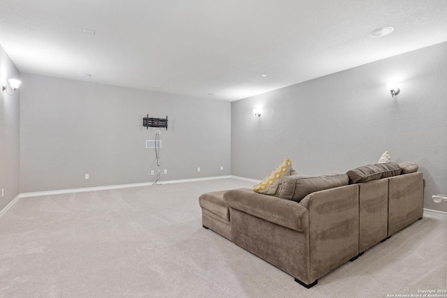 living room with light colored carpet and baseboards