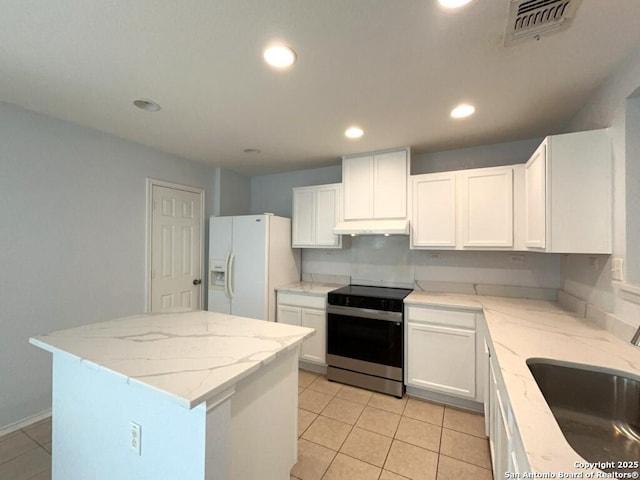 kitchen featuring a center island, a sink, white cabinets, white refrigerator with ice dispenser, and stainless steel electric stove