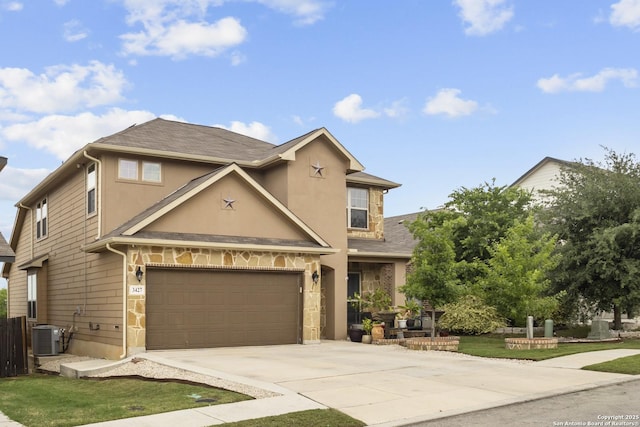 traditional home with driveway, fence, central air condition unit, stucco siding, and a shingled roof