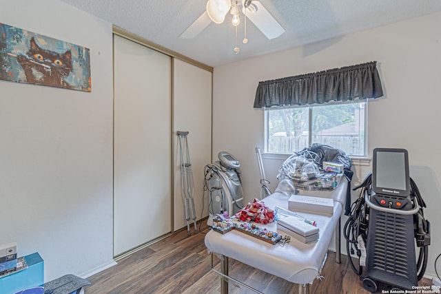 13018 Larkyorke, San Antonio, TX 78233 - office area featuring ceiling fan, a textured ceiling, and wood finished floors