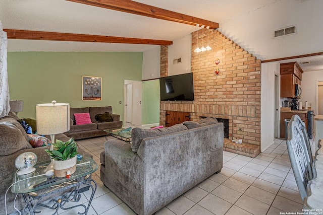 13018 Larkyorke, San Antonio, TX 78233 - living area with light tile patterned floors, high vaulted ceiling, beam ceiling, a fireplace, and visible vents