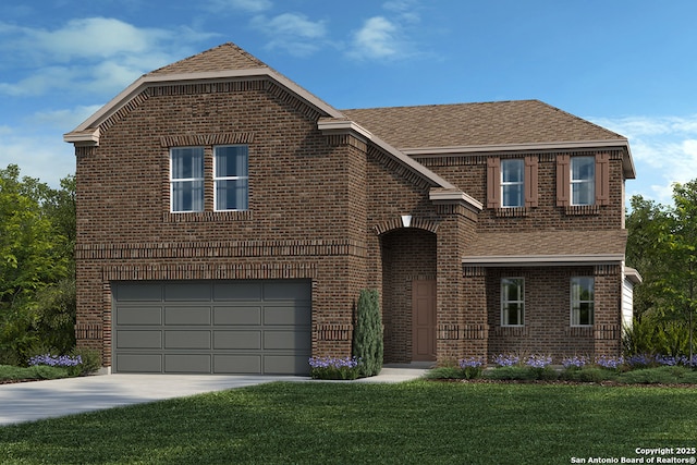 view of front facade featuring driveway, brick siding, an attached garage, a shingled roof, and a front lawn