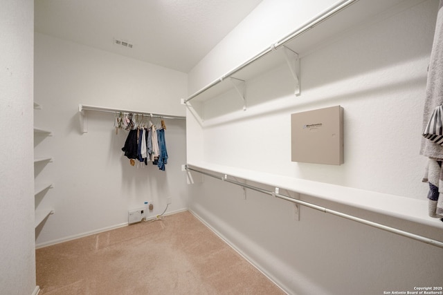 spacious closet featuring light carpet and visible vents