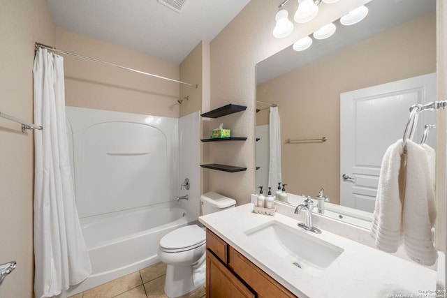 bathroom with shower / bath combination with curtain, toilet, tile patterned floors, visible vents, and vanity