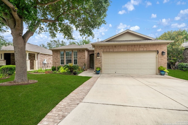 ranch-style home featuring driveway, brick siding, an attached garage, a shingled roof, and a front lawn