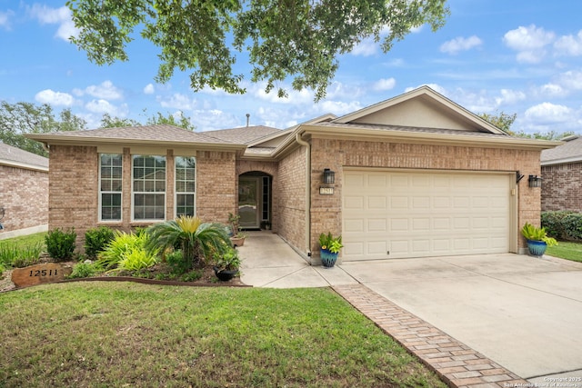 ranch-style home featuring an attached garage, a front lawn, roof with shingles, brick siding, and driveway
