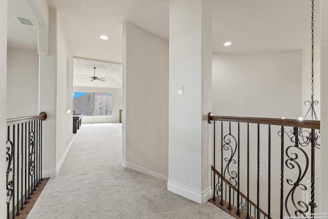 28546 Tristant Rdg, San Antonio, TX 78260 - corridor with an upstairs landing, recessed lighting, visible vents, carpet floors, and baseboards
