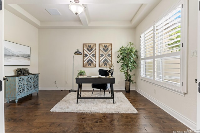 28546 Tristant Rdg, San Antonio, TX 78260 - office featuring beamed ceiling, dark wood finished floors, visible vents, and coffered ceiling
