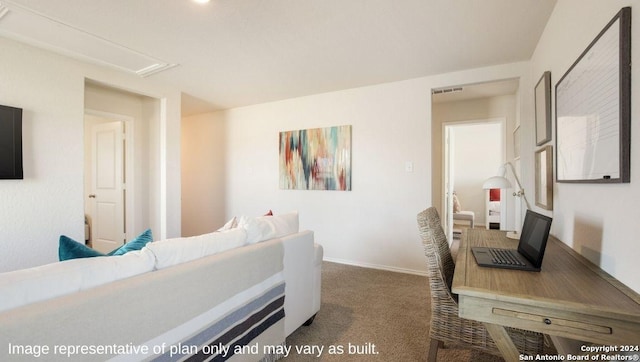 carpeted bedroom featuring baseboards, attic access, and visible vents