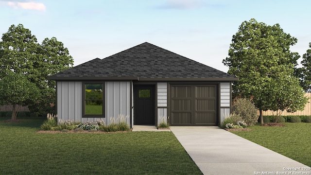 view of front of home with concrete driveway, board and batten siding, roof with shingles, and a front lawn